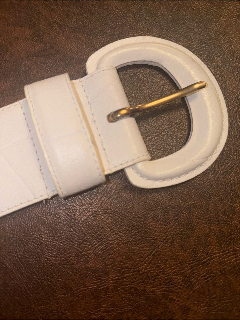 Lord & Taylor White Leather Belt with Gold Buckle